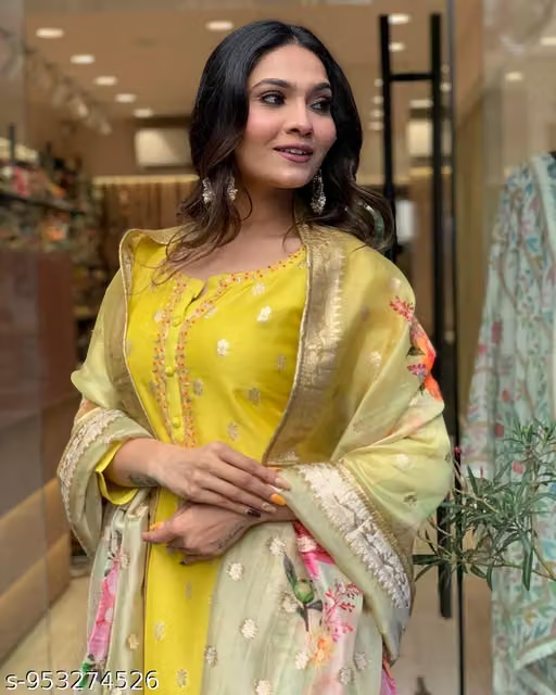 Yellow floral kurta pant and dupatta set