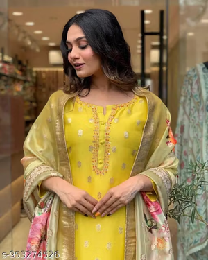 Yellow floral kurta pant and dupatta set front view
