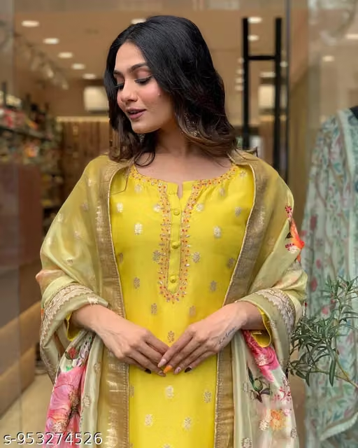 Yellow floral kurta pant and dupatta set front view