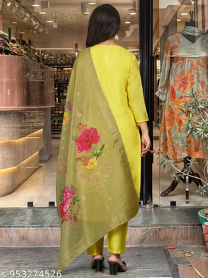 Yellow floral kurta pant and dupatta set back view