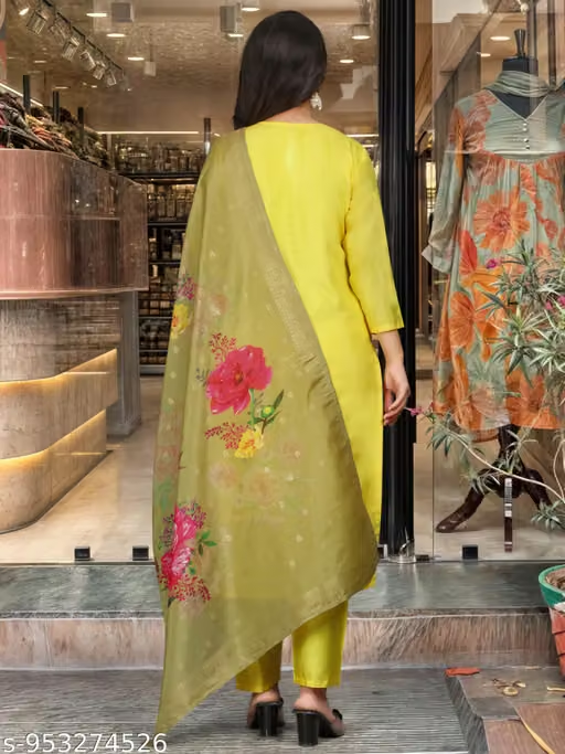 Yellow floral kurta pant and dupatta set back view