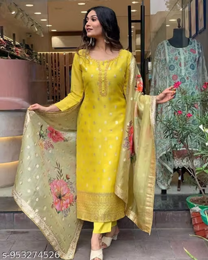 Yellow floral kurta pant and dupatta styled view